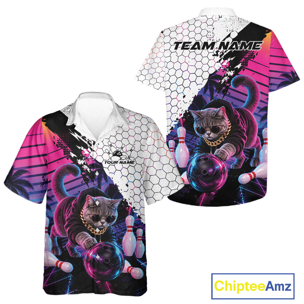 Custom Neon Funny Cat Bowling Team Men And Women Button Up Shirt, Retro Cat Lovers Gift For Bowlers IPHW12244