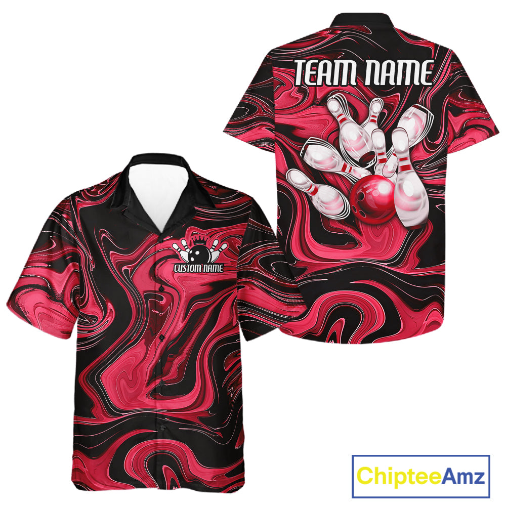 Custom Black And Red Liquid Marble Bowling Team Men And Women Button Up Shirt, Bowler Jersey IPHW12714