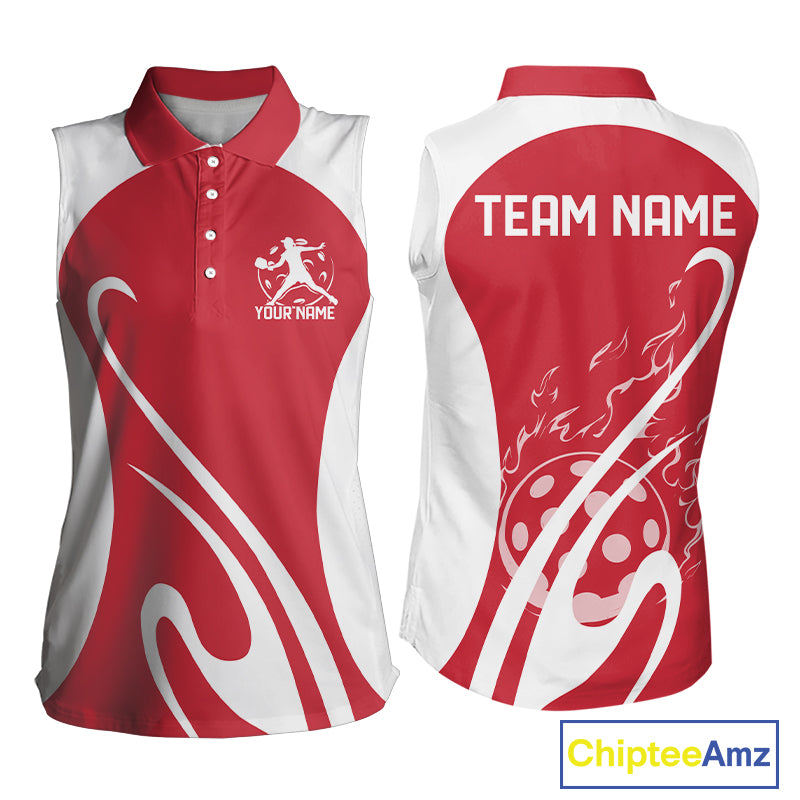 Custom White And Red Pickleball Women Sleeveless Polo, Flame Pickleball Tournament Team Shirt IPHW12722
