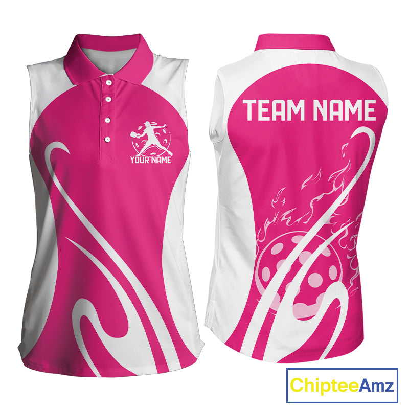 Custom White And Hot Pink Pickleball Women Sleeveless Polo, Flame Pickleball Tournament Shirt IPHW12723