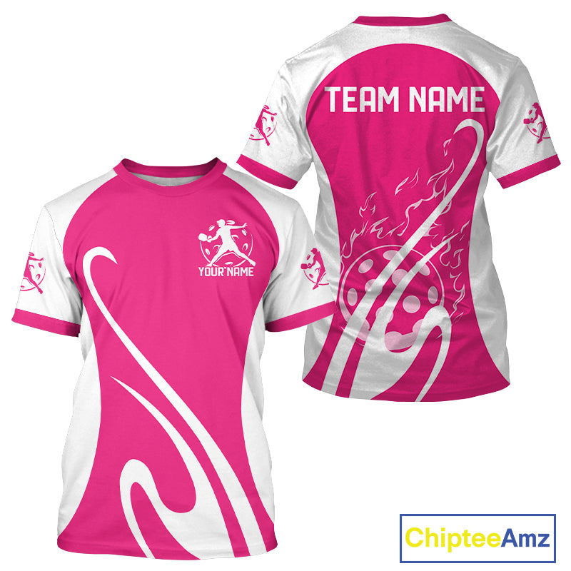 Custom White And Hot Pink Pickleball Men T-Shirts, Flame Pickleball Tournament Team IPHW12723