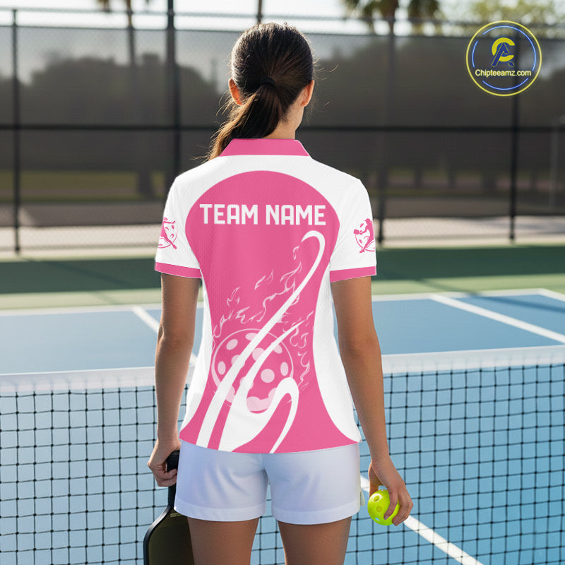 Custom White And Rose Pink Pickleball Women Polo, Flame Pickleball Tournament Team Shirt IPHW12724