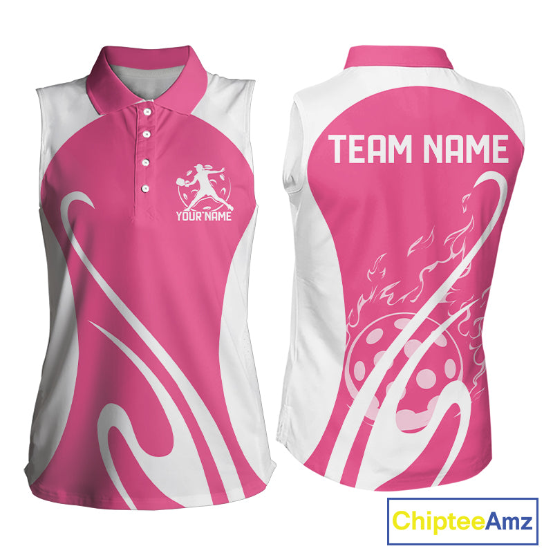 Custom White And Rose Pink Pickleball Women Sleeveless Polo, Flame Pickleball Tournament Shirt IPHW12724