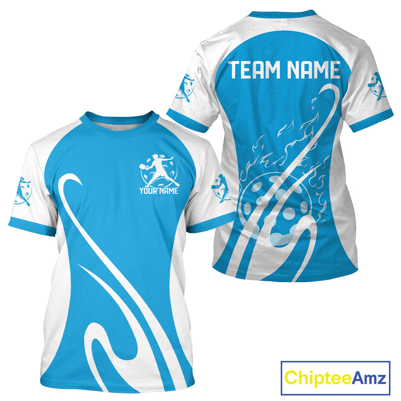 Custom White And Sky Blue Pickleball Men T-Shirts, Flame Pickleball Tournament Team IPHW12726