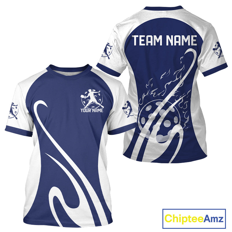 Custom White And Navy Blue Pickleball Men T-Shirts, Flame Pickleball Tournament Team IPHW12727