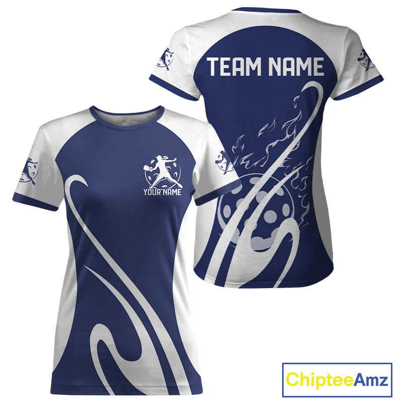 Custom White And Navy Blue Pickleball Women T-Shirts, Flame Pickleball Tournament Team IPHW12727