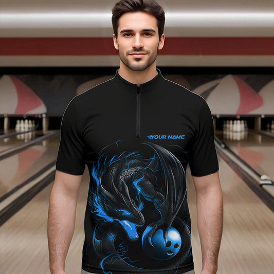 Custom Black And Blue Dragon Bowling Quarter-Zip Shirts For Men, Bowling Tournament Team Shirt IPHW8419