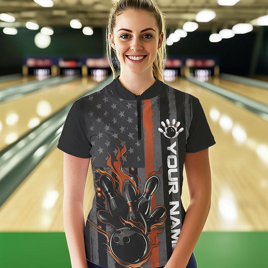 Brown Line American Flag Custom Patriotic US Flame Bowling Womens Quarter-Zip Shirts IPHW8638