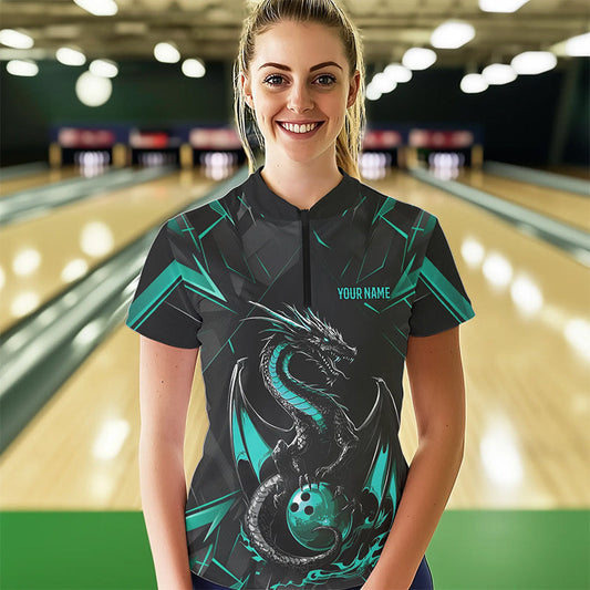 Custom Black And Turquoise Blue Dragon Bowling Womens Quarter-Zip Shirts, Bowling Uniform IPHW8642