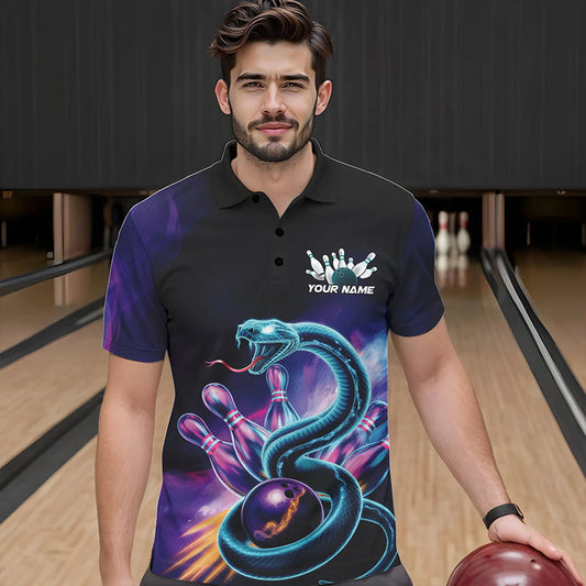 Custom Blue And Purple Galaxy Snake Bowling Polo Shirts For Men, Bowling League Team Uniform IPHW8646