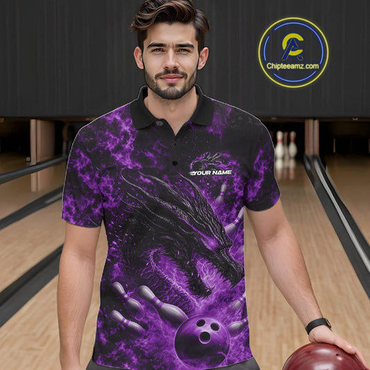 Custom Black And Purple Flame Dragon Bowling Men Polo Shirt, Dragon Bowling League Shirt IPHW10278