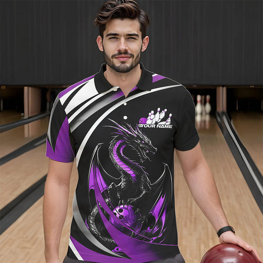 Custom Black And Purple Dragon Bowling Jerseys, Dragon Bowling Team Polo Shirts For Men IPHW8650