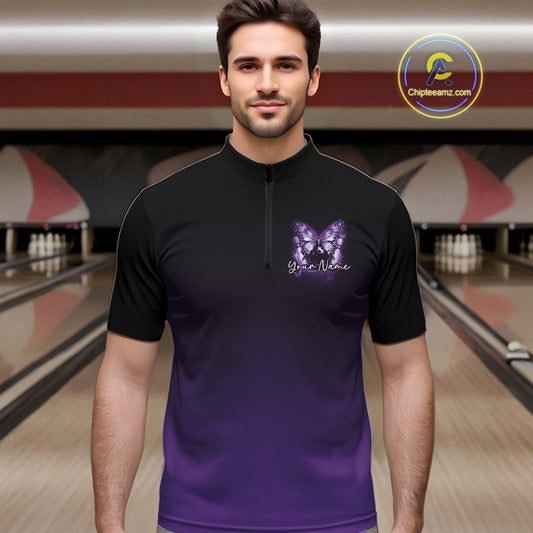 Male model wearing a purple bowling quarter-zip shirt at a bowling lane with glowing butterfly artwork, a bowling ball, and cosmic accents.
