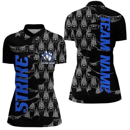 Customize Name Strike Bowling Shirts For Women, Flame Bowling Balls Bowler Outfits | Blue IPHW6502