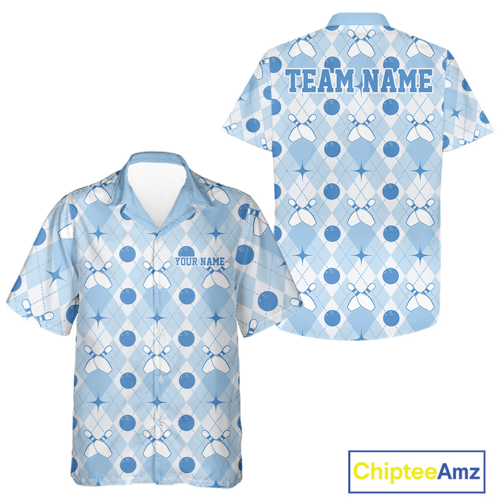 Custom Classic Retro White And Blue Argyle Pattern Bowling Men And Women Button Up Shirt IPHW11939