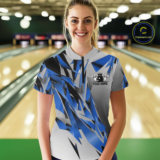 Blue And Gray Custom Bowling Jersey, Matching Bowling Team Women Quarter-Zip Shirt IPHW12252