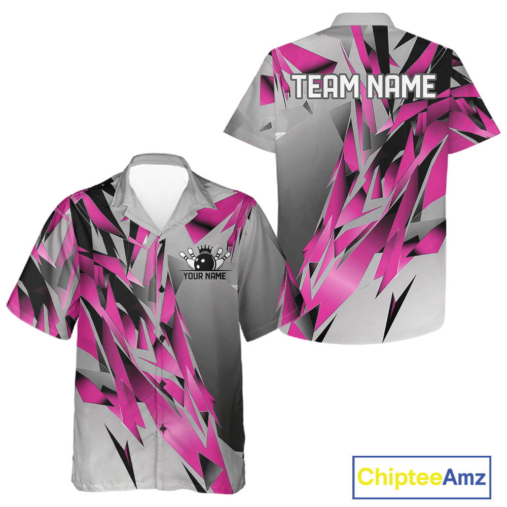 Pink And Gray Custom Bowling Jersey, Matching Bowling Team Men And Women Button Up Shirt Bowler Gift IPHW12254