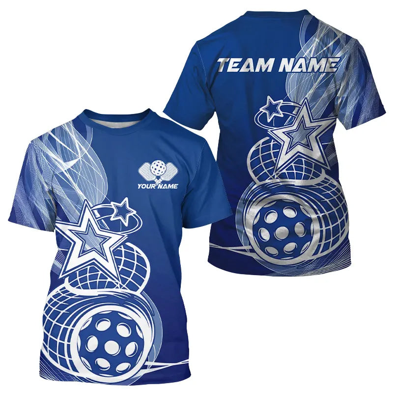 Custom Blue Pickleball Star T-Shirts For Men, Outdoor Pickleball Team Uniform IPHW8207