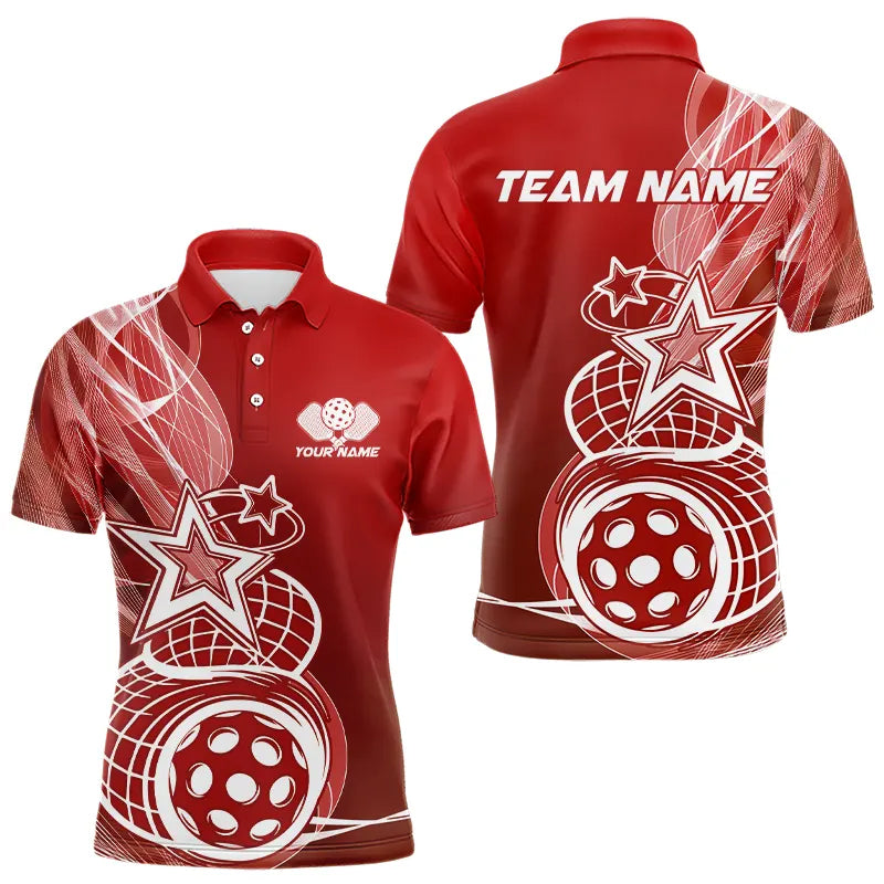Custom Red Pickleball Star Polo Shirts For Men, Outdoor Pickleball Team Uniform IPHW8208