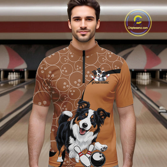 Custom Cute Funny Border Collie Dog Bowling Men Quarter-Zip Shirts, Dog Lovers Bowling Shirt IPHW10287