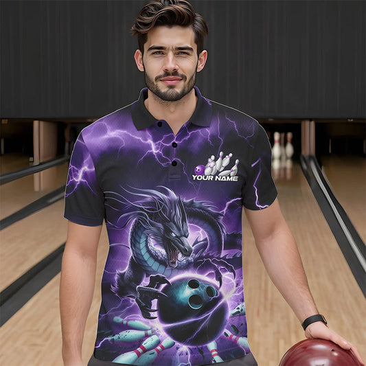 Custom Black And Purple Thunder Lightning Dragon Bowling Polo Shirts For Men, Team Uniform IPHW8679