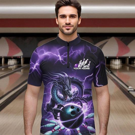 Custom Black And Purple Thunder Lightning Dragon Bowling Quarter-Zip Shirts For Men, Team Uniform IPHW8679