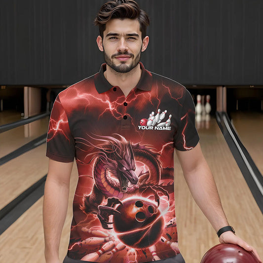 Custom Black And Red Thunder Lightning Dragon Bowling Polo Shirts For Men, Team Uniform IPHW8681