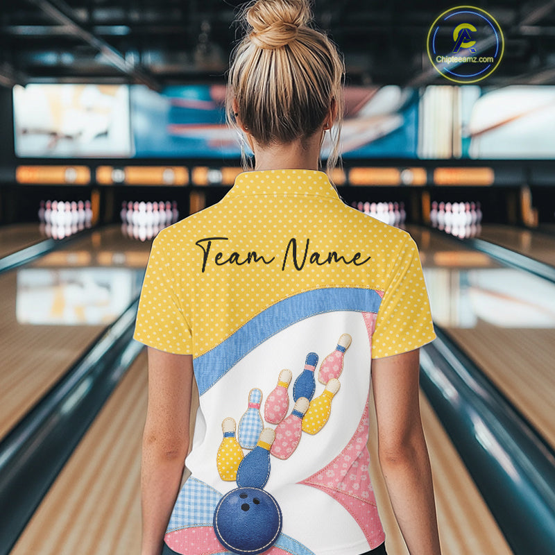 Back view of a female model wearing a bowling quarter-zip shirt showcasing colorful bowling-themed patchwork graphics and polka dot details.