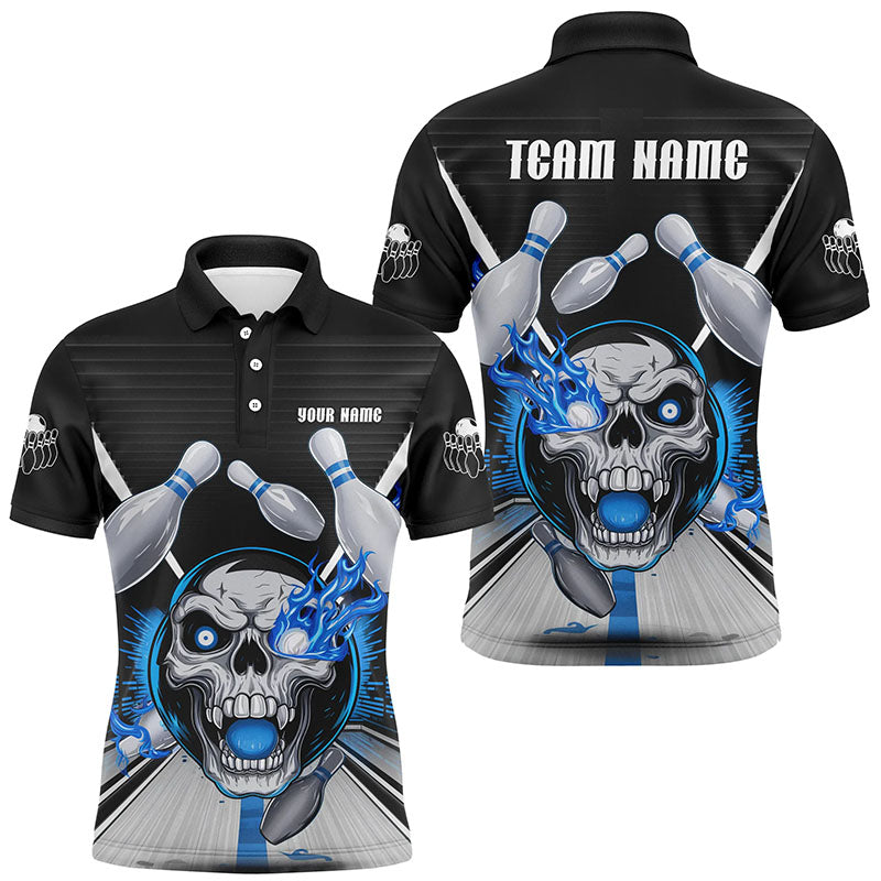 Customizable Blue Flame Bowling Shirts, Skull Bowling Polo Shirt For Men IPHW6856