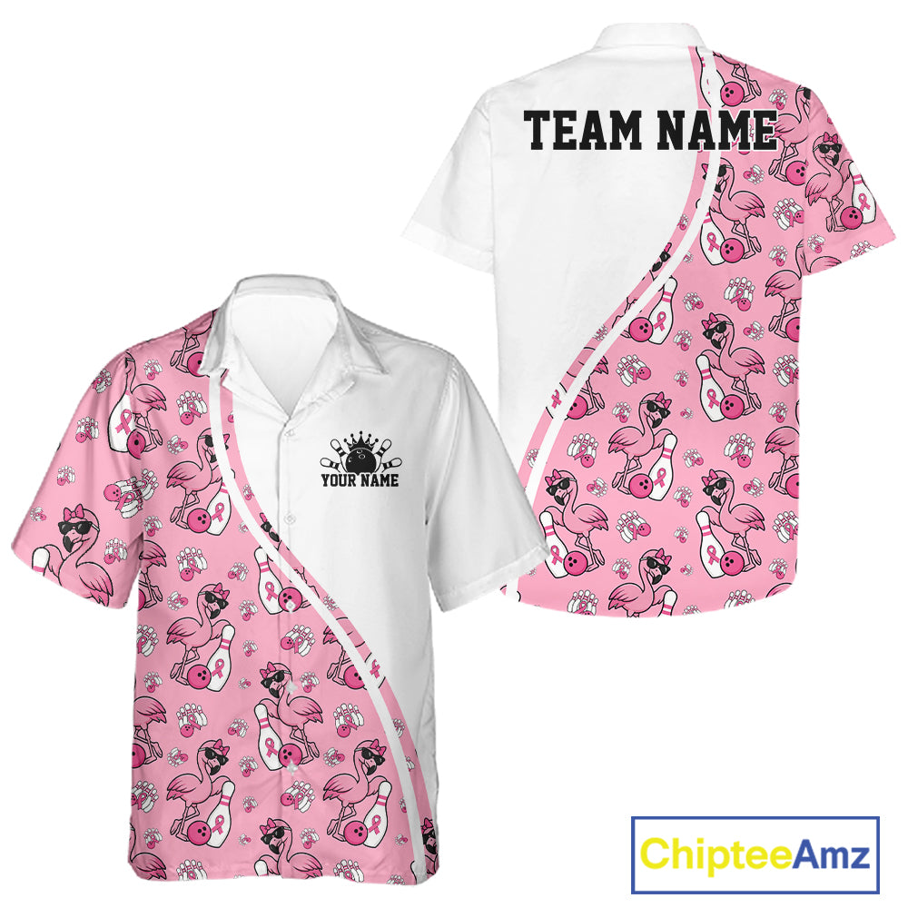 Custom Cute Pink Flamingo Breast Cancer Awareness Bowling Men And Women Button Up Shirt IPHW11941
