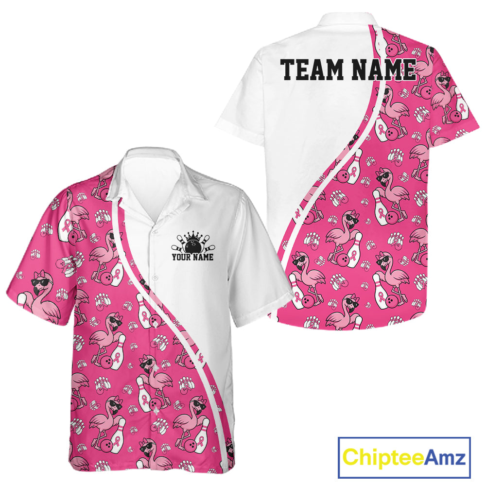 Custom Cute Hot Pink Flamingo Breast Cancer Awareness Bowling Men And Women Button Up Shirt IPHW11942