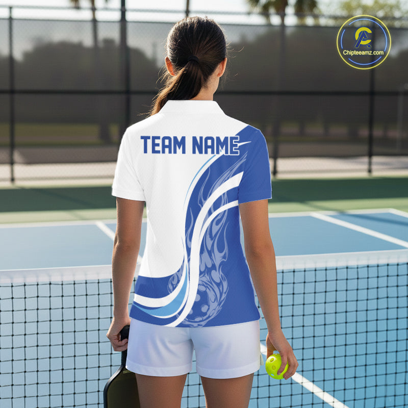 Custom White And Blue Flame Pickleball Tournament Team Uniform Women Polo Shirt IPHW12732