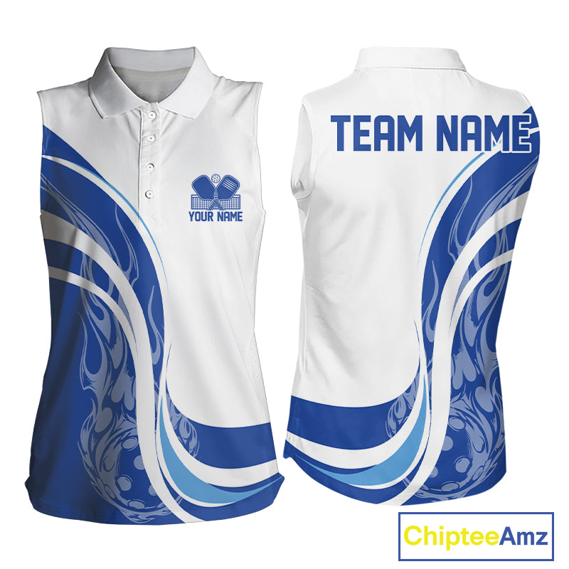 Custom White And Blue Flame Pickleball Tournament Team Uniform Women Sleeveless Polo Shirt IPHW12732