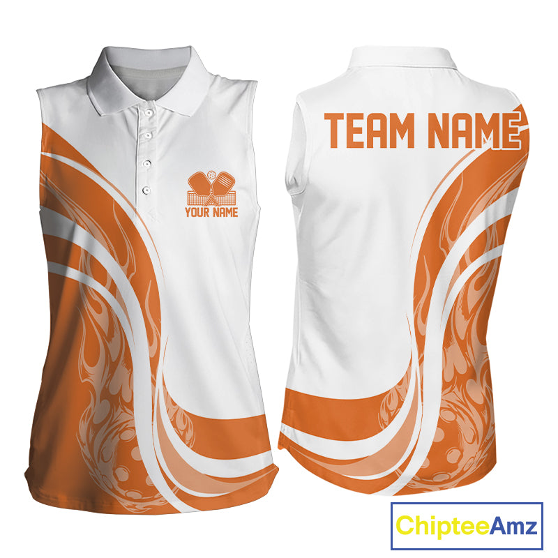 Custom White And Orange Flame Pickleball Tournament Team Uniform Women Sleeveless Polo Shirt IPHW12736
