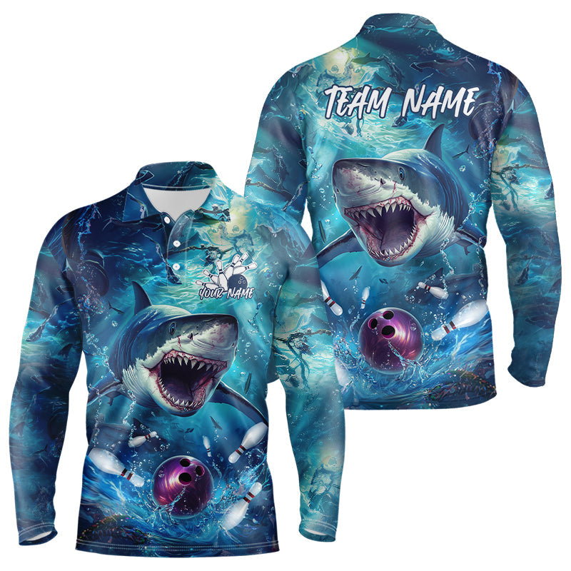 Custom Shark Bowling Long Sleeve Polo Shirts For Men, Shark Bowling Team Shirt IPHW8006