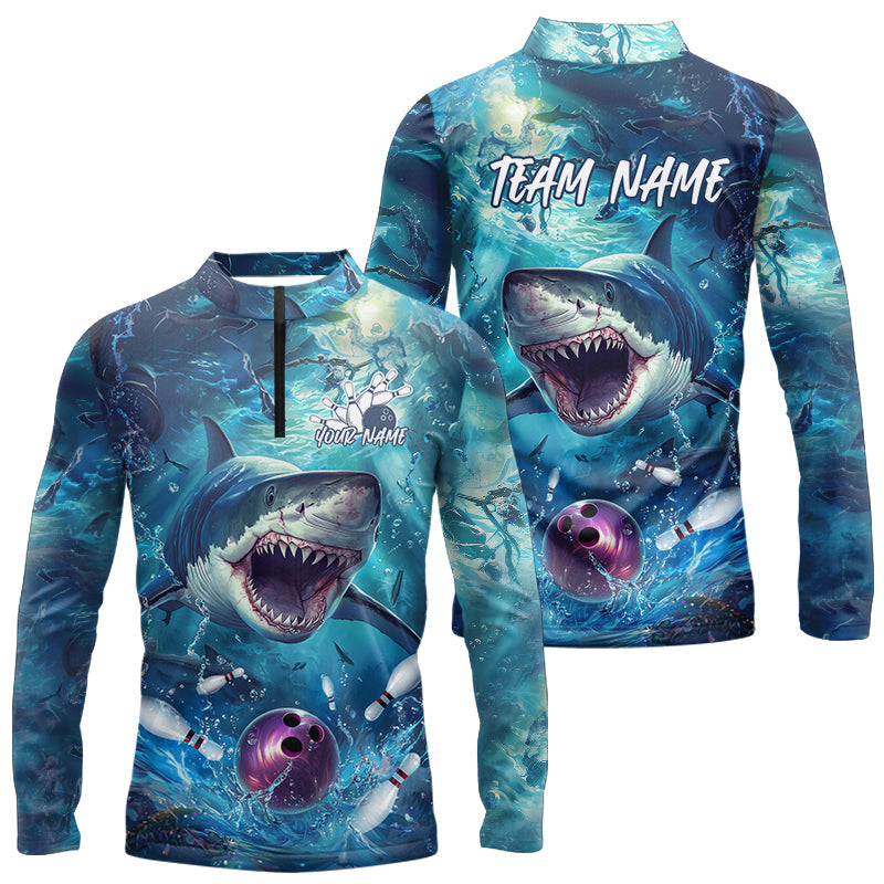Custom Shark Bowling Long Sleeve Quarter-Zip Shirts For Men, Shark Bowling Team Shirt IPHW8006