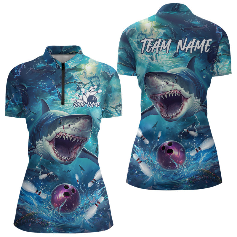 Custom Shark Bowling Quarter-Zip Shirts For Women, Shark Bowling Team Shirt IPHW8006