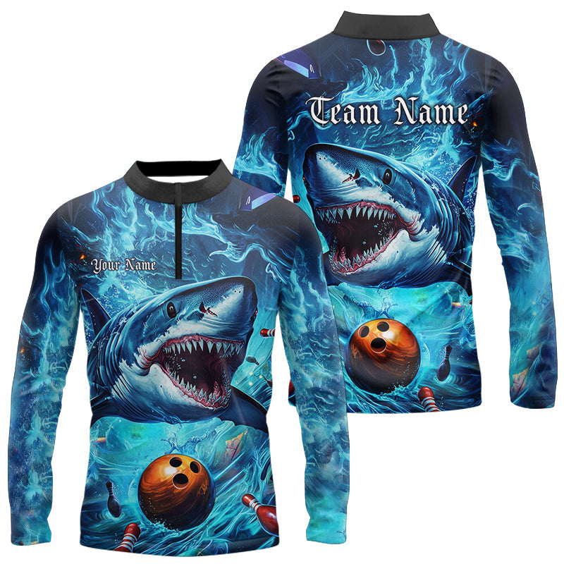 Custom Shark Team Bowling Long Sleeve Quarter-Zip Shirts For Men, Shark Bowling Team Outfits IPHW8007
