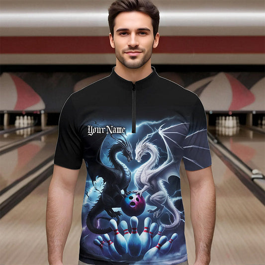Custom Blue Lightning Black And White Dragons Bowling Quarter-Zip Shirts For Men Bowlers Outfit IPHW8957