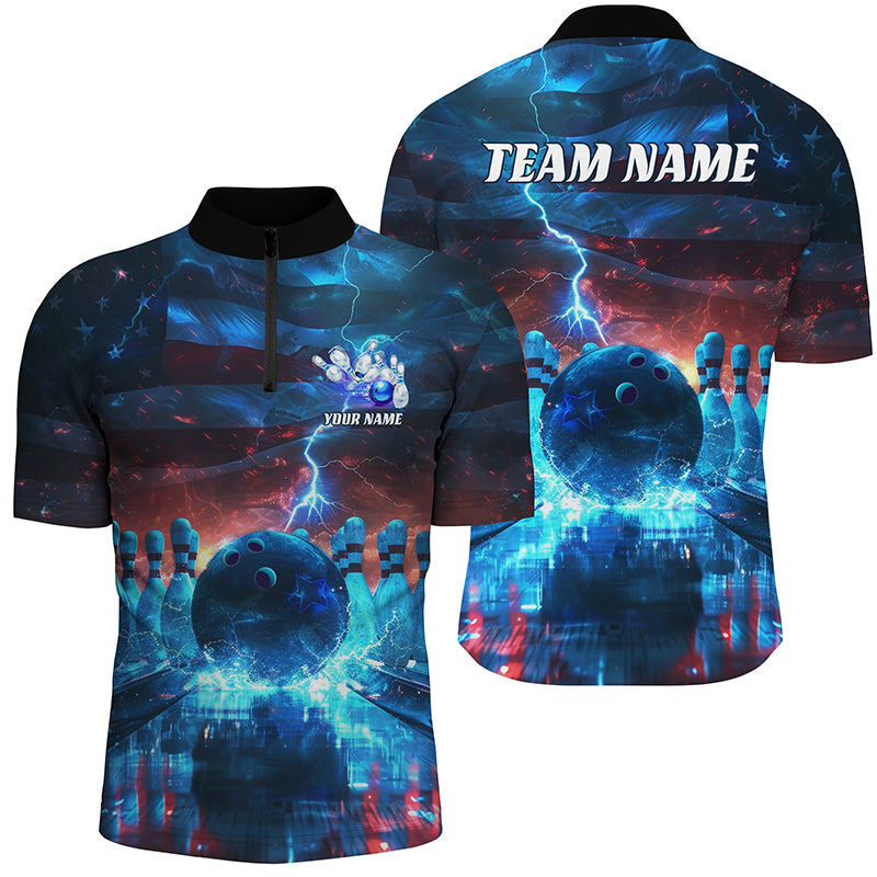 Blue Lightning Patriotic American Flag Custom Bowling Kid Quarter-Zip Shirt IPHW6675