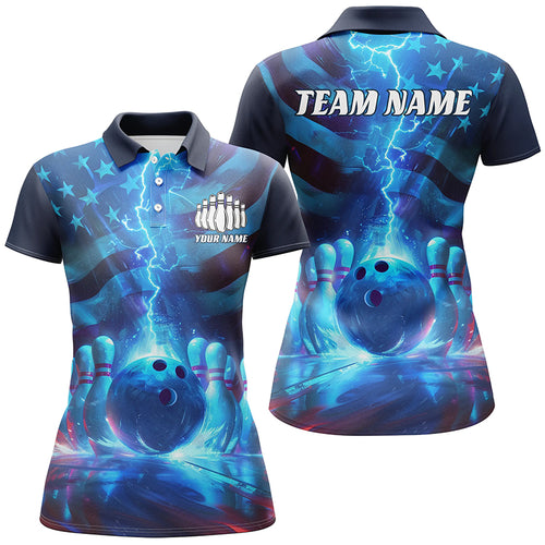 Custom American Flag Bowling Team Jersey, Patriotic Blue Lightning Bowling Tournament Shirt IPHW6676