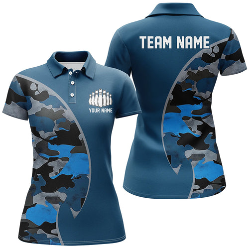Blue Navy Camo Custom Bowling Polo, Quarter Zip Shirts With Bowler'S Name And Team Name IPHW6679