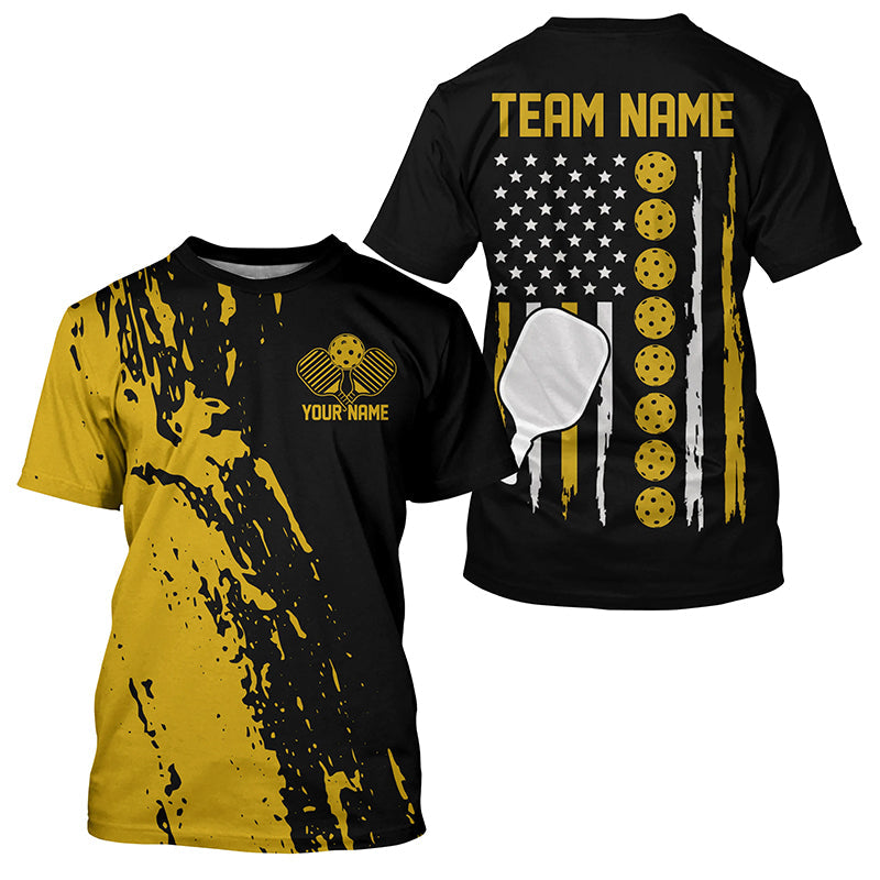 Yellow Thin Line American Pickleball Flag Custom US Pickleball T-Shirts For Men, Patriotic Pickleball Shirt IPHW7770