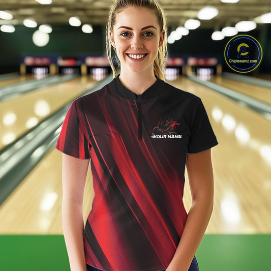 Custom Black And Red Gradient Flame Bowling Team Jerseys, Fire Bowling Shirt For Women IPHW10570