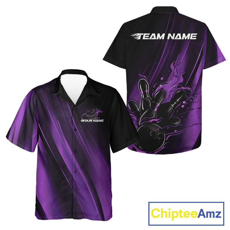Custom Black And Purple Gradient Flame Bowling Team Jerseys, Fire Bowling Shirt For Men And Women IPHW10572