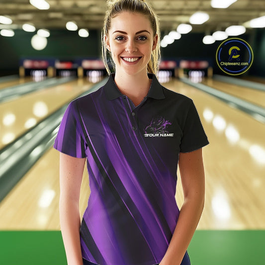 Custom Black And Purple Gradient Flame Bowling Team Jerseys, Fire Bowling Shirt For Women IPHW10572