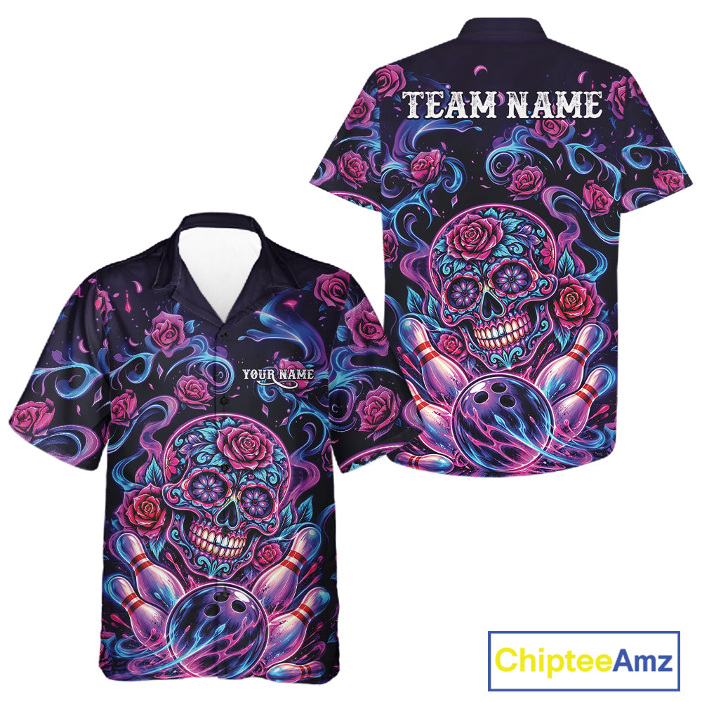Custom Pink Purple And Blue Roses Sugar Skull Halloween Bowling Men And Women Button Up Team Shirt IPHW11964