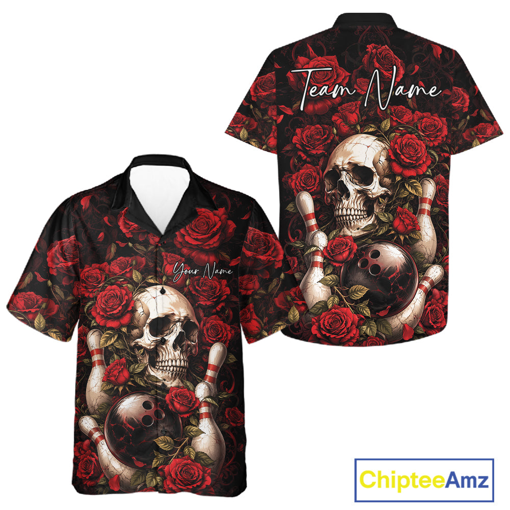 Custom Red Roses And Skull Halloween Bowling Team Men And Women Button Up Shirt, Bowler Outfit IPHW11966