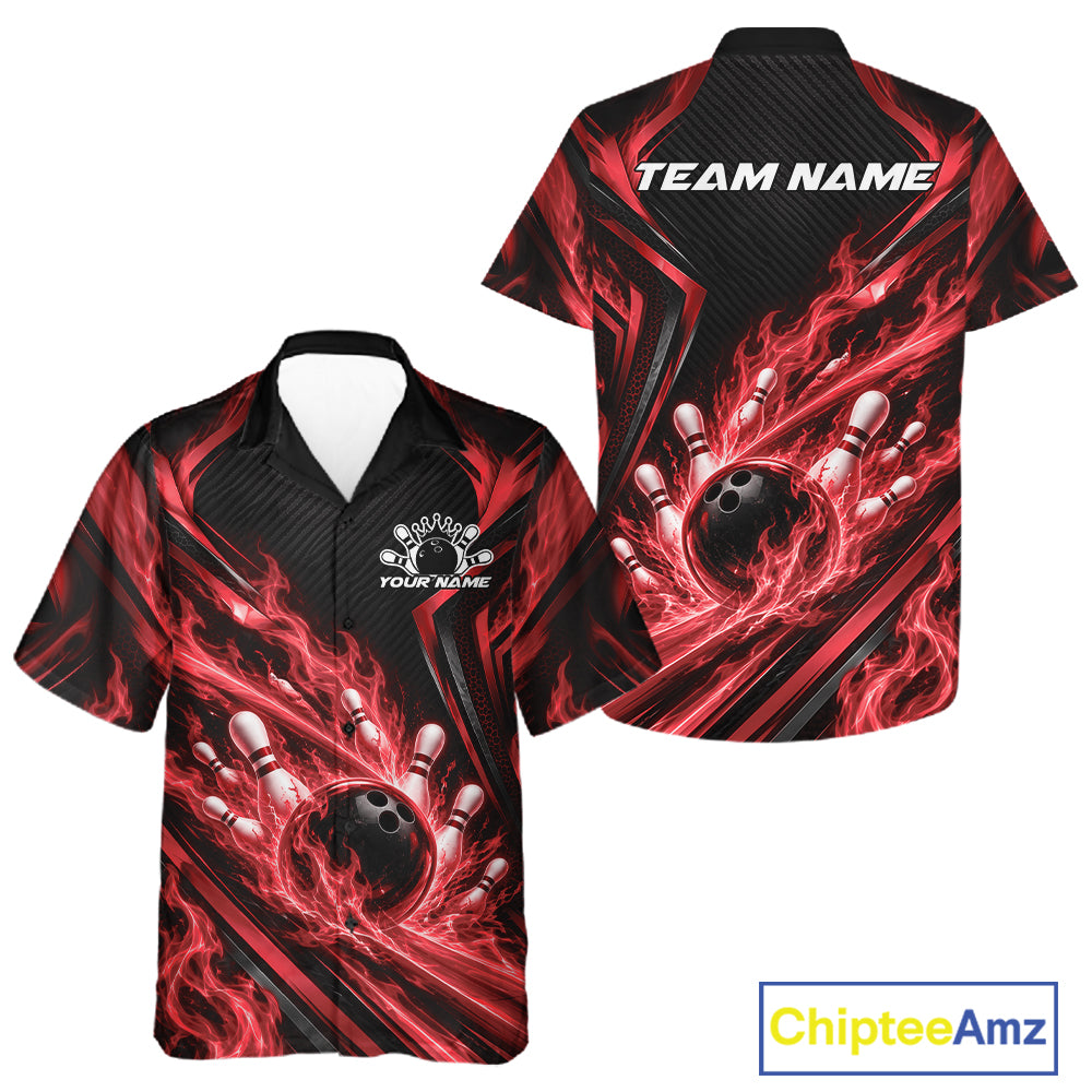 Black And Red Flame Custom Bowling Team Men And Women Button Up Shirt, Matching Bowling Jersey IPHW12294