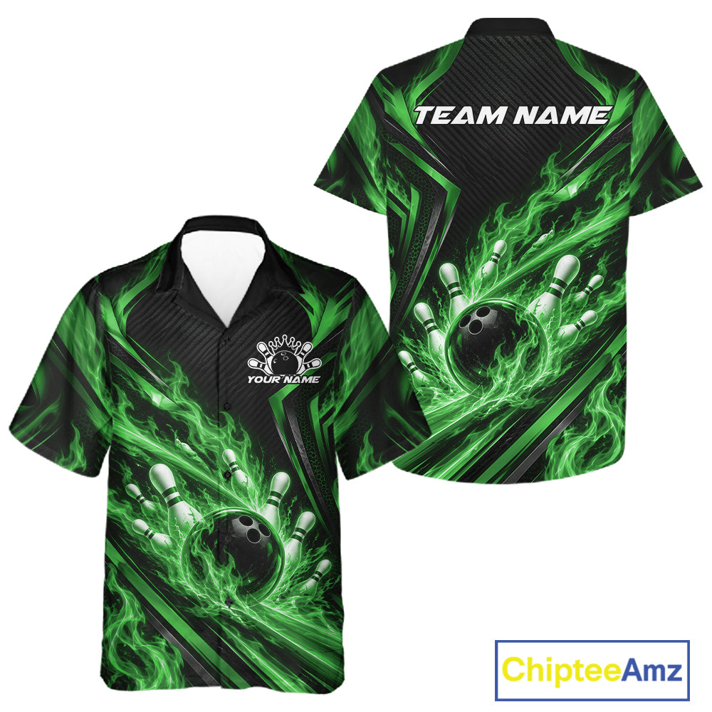 Black And Green Flame Custom Bowling Team Men And Women Button Up Shirt, Matching Bowling Jersey IPHW12295